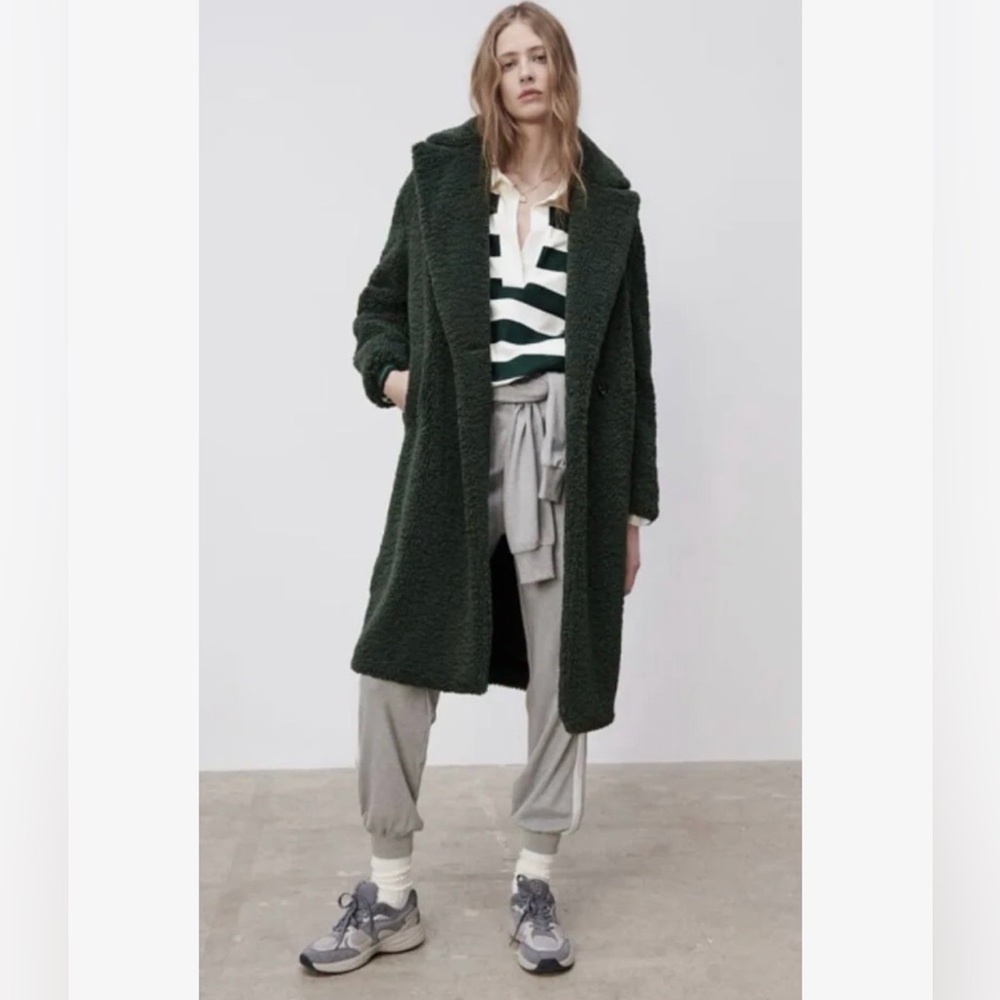 Zara Forest Green Long Teddy Coat XS